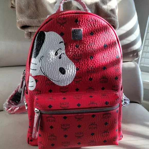 MCM Bags Mcm Handpainted Custom Medium Backpack Red Wblack Monogram Snoopy Poshmark